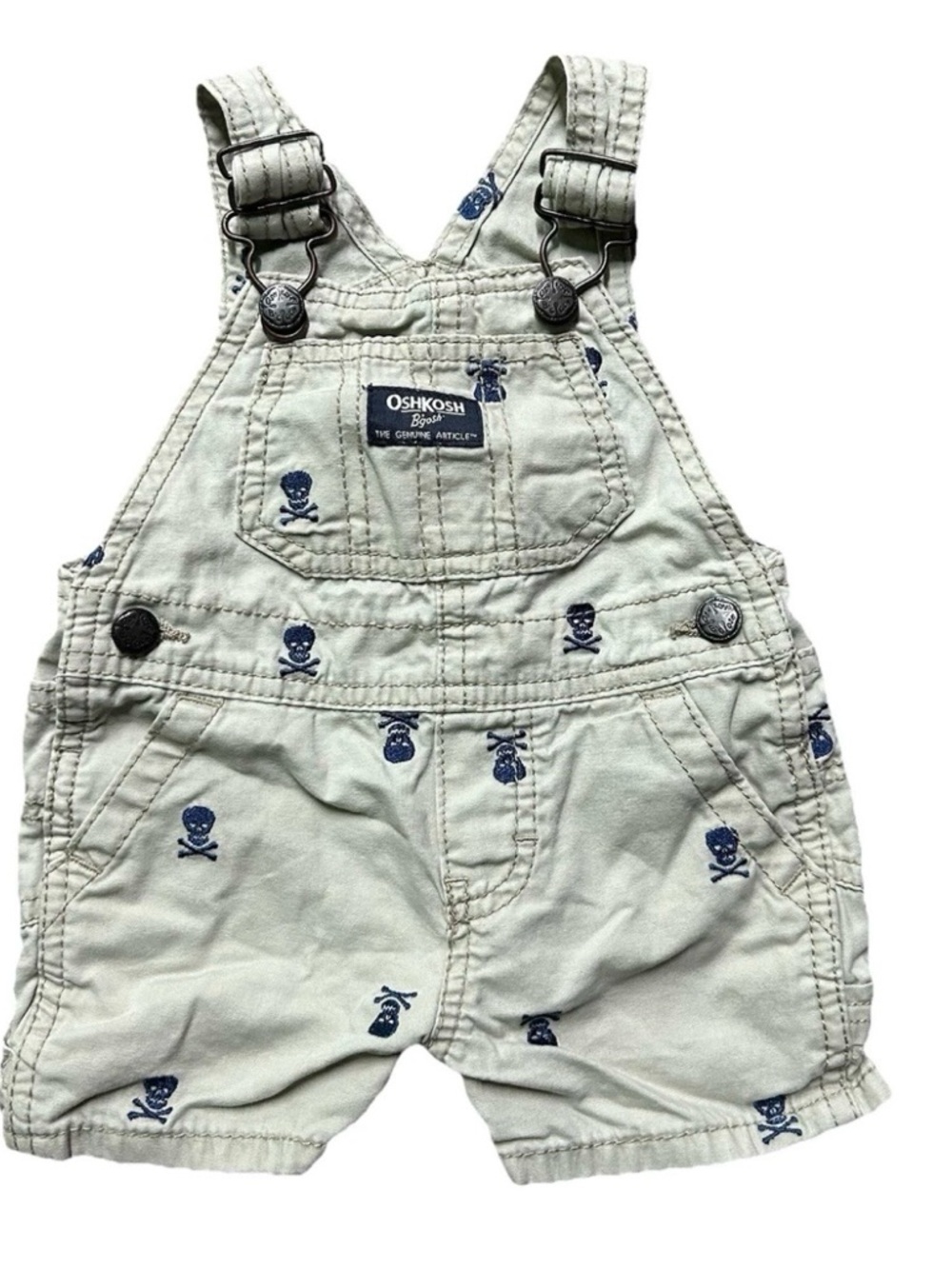 Baby Oshkosh B’gosh Overalls Shortalls Khaki Skulls Size 6 Months